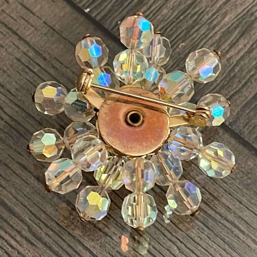 Vintage Aurora Borealis Crystal Bead Cluster Rhinestone Brooch Pin